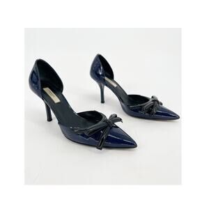 Prada Navy Blue Black Patent Leather Bow Pointed Toe D'Orsay Pump size IT 36.5